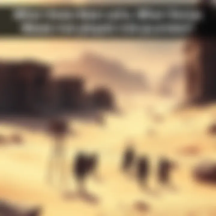 A sandy desert landscape with ancient ruins and a raid team preparing for battle.