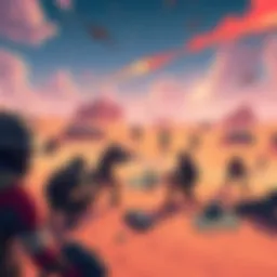 A digital illustration of a desert landscape with players discussing recent game updates, surrounded by game elements like weapons and maps.
