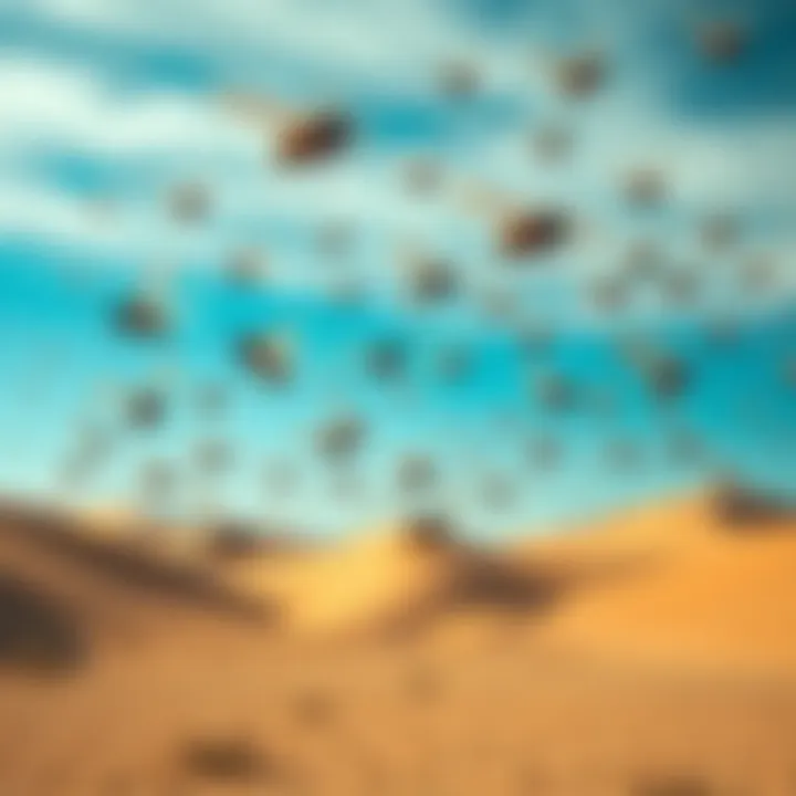Desert Swarm in Flight A large group of insects flying over a dry desert landscape under a blue sky