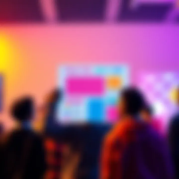 Design Feedback Request A designer holding a colorful project layout seeking opinions from a group of people.