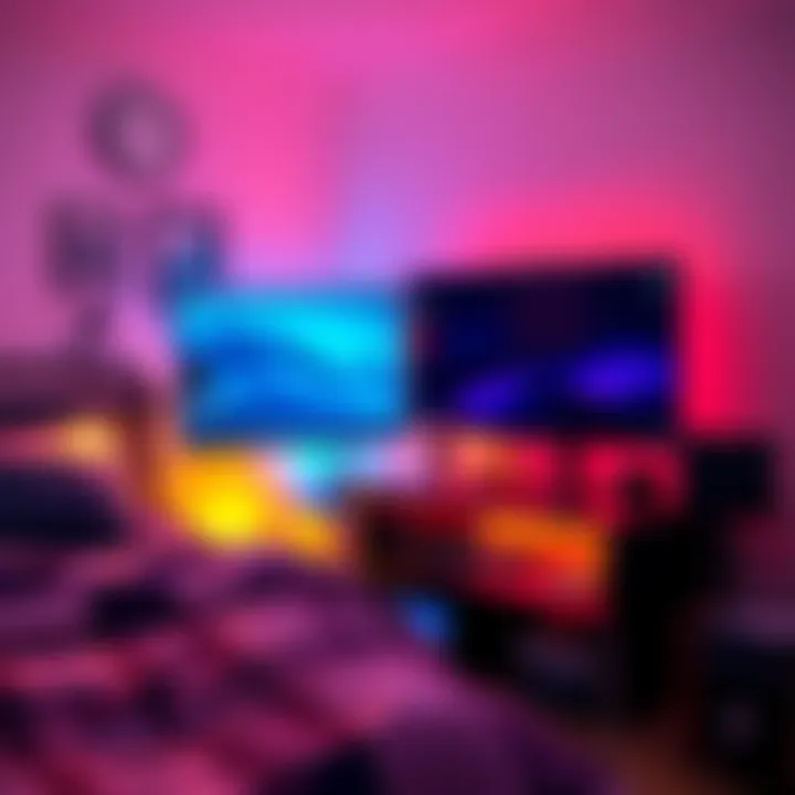 A cozy bedroom featuring a desktop setup next to a bed, showing a monitor on a mount and a tidy workspace.