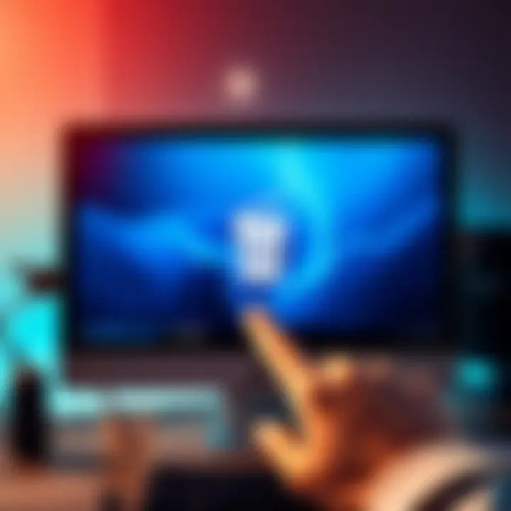 A computer screen showing a trash bin icon on the desktop with a hand pointing to it