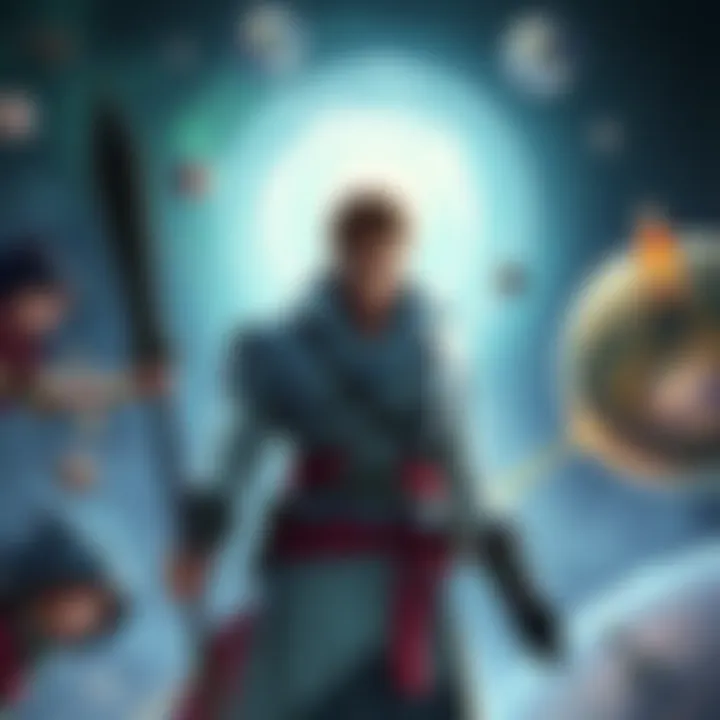 Desmond exploring timelines Illustration of Desmond from Assassin's Creed in a futuristic setting, surrounded by swirling timelines and Juno's orb, depicting his journey through different historical events.