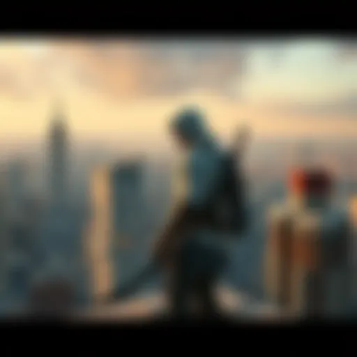 A character resembling Desmond from the Assassin's franchise stands on a rooftop overlooking a bustling city, ready for action with a hidden blade in hand.