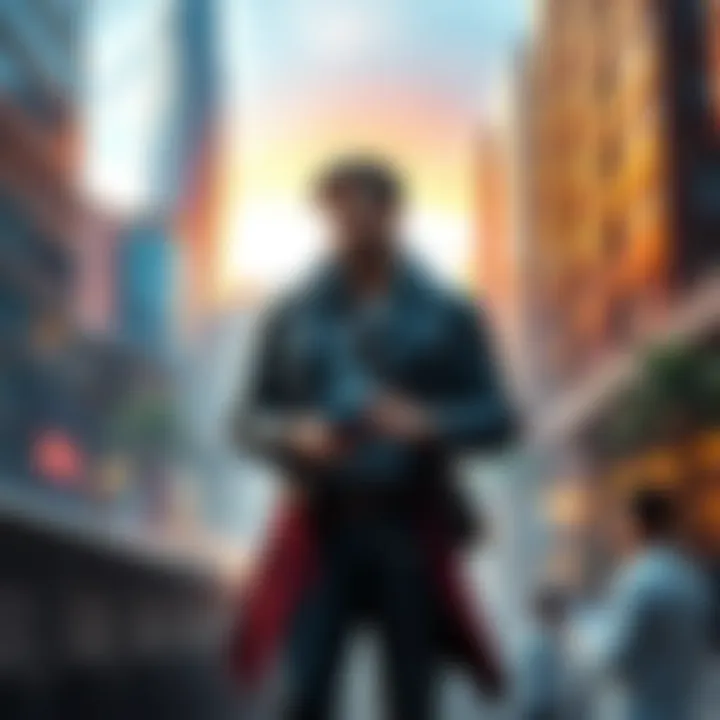 Desmond standing in a cityscape wearing modern clothes, looking determined with a digital device in hand