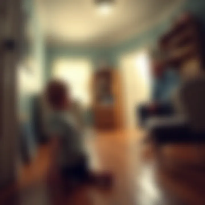 A young man, resembling Desmond, tiptoeing on a creaky floorboard in a cozy room, while an older man, his father, sits unaware. The scene captures a moment of childhood curiosity and playfulness.