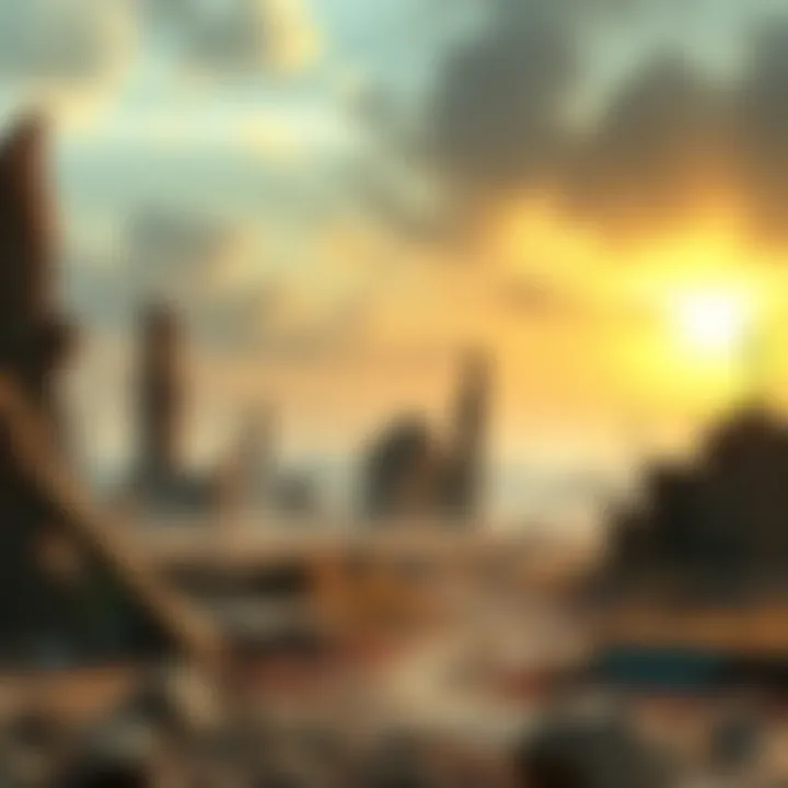 Desolate Game World A barren landscape with ruined buildings, emphasizing a post-apocalyptic theme for a role-playing game.