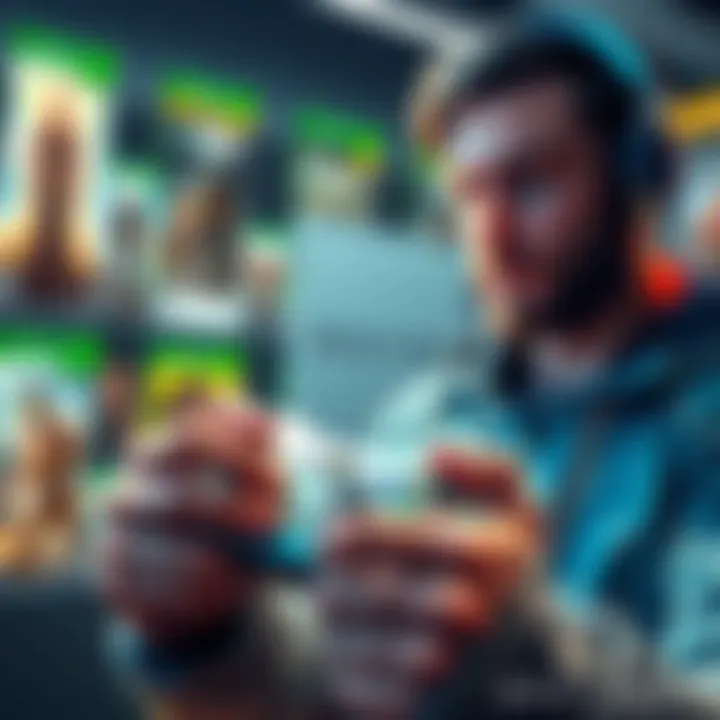 A gamer holding an Xbox 360 controller, looking for Destiny 1 DLC shares, with game covers in the background.