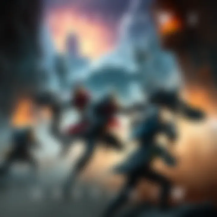 A group of Destiny 2 characters fighting in a vibrant fantasy setting with old dungeons in the background, showcasing action and teamwork