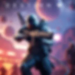 A Destiny 2 Guardian wielding a futuristic weapon in a vibrant space setting