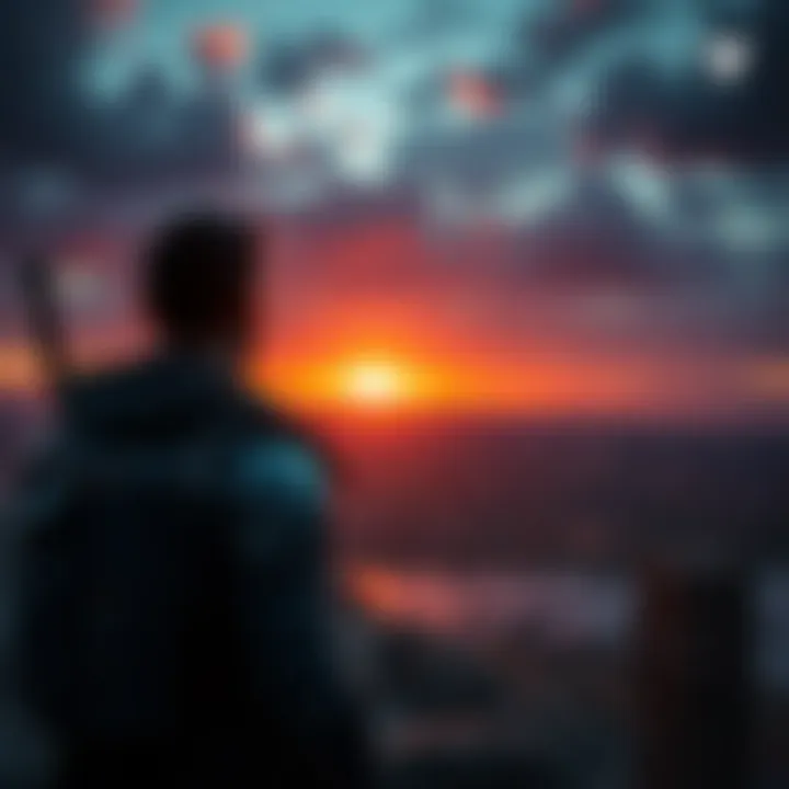 A scene from Destiny 2 showing a guardian looking out over a battlefield with a sunset in the background, reflecting on lost content and memories during the Red War campaign.