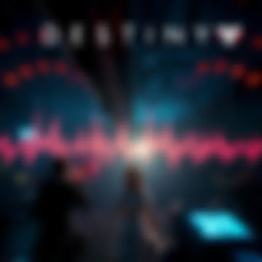 Screenshot of a dark environment in Destiny with unsettling audio waves visible, showing players reacting in fear