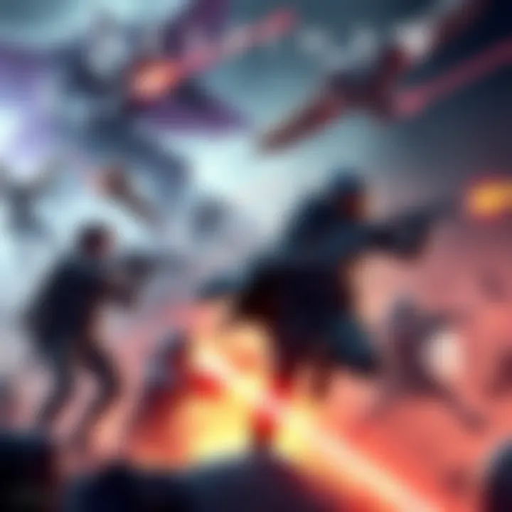 Dynamic scene of Destiny characters engaging in a dramatic battle, focusing on their unique abilities and teamwork, with a vibrant game world backdrop.
