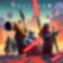 A vibrant illustration showing characters from Destiny in a humorous Star Wars-inspired setting, showcasing dramatic poses and colorful backgrounds.