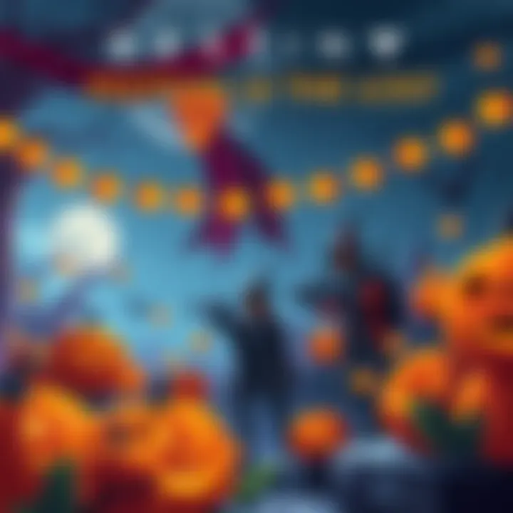 Illustration of Destiny's Festival of the Lost featuring pumpkins and themed decorations, showing players in costumes during a Halloween event