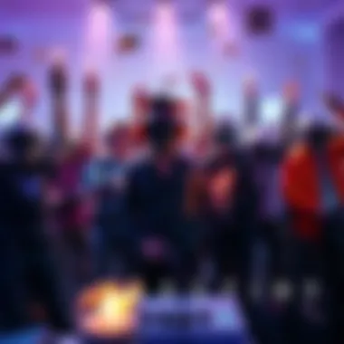 Group of gamers celebrating a scholarship announcement with gaming gear and Destiny-themed decorations