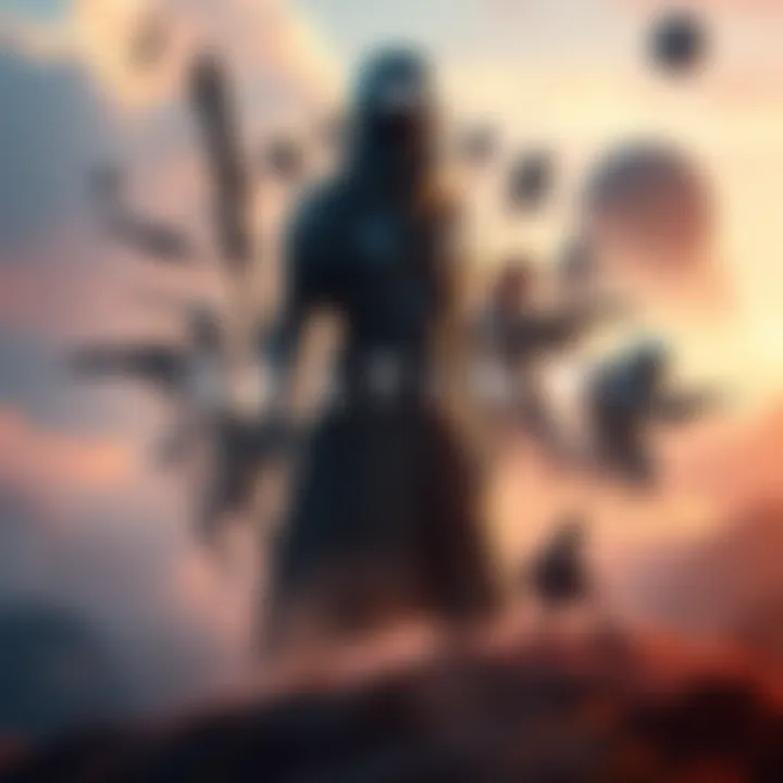 A vibrant scene showcasing key characters and elements from the Destiny franchise, including iconic weapons and alien landscapes