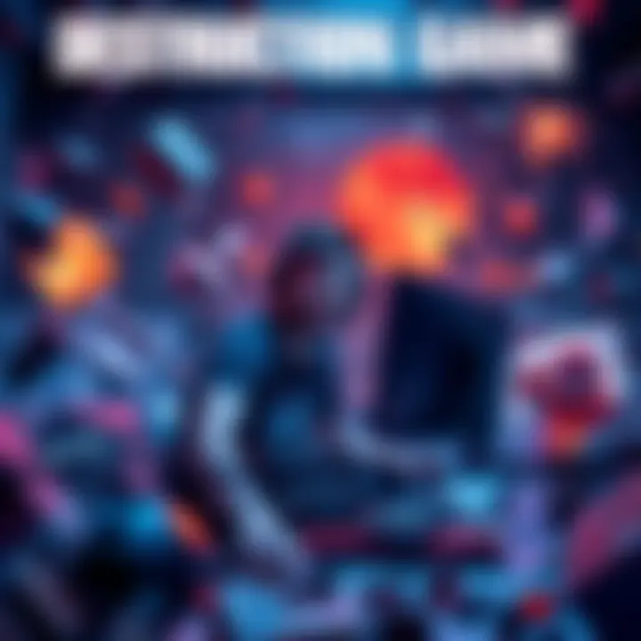 A gamer on a PC surrounded by broken game objects and debris, showing excitement while playing a thrilling destruction video game.