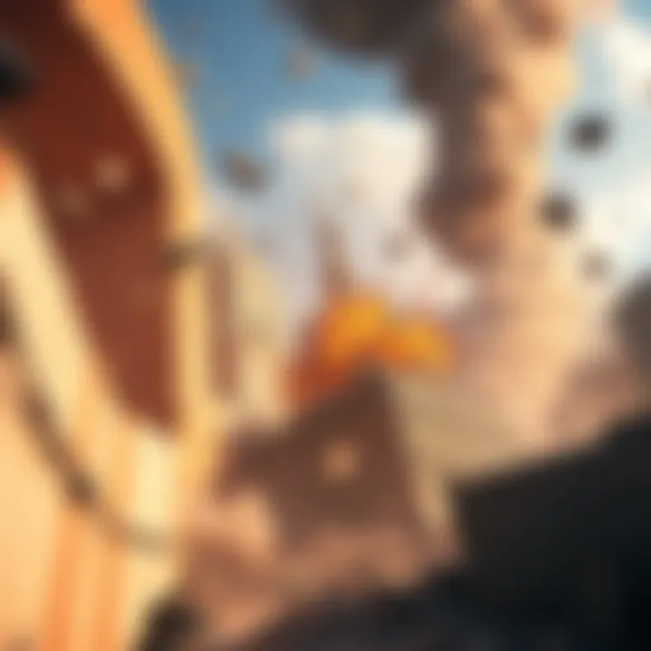 A dynamic scene of a game showcasing realistic destruction physics with buildings collapsing and debris flying around.