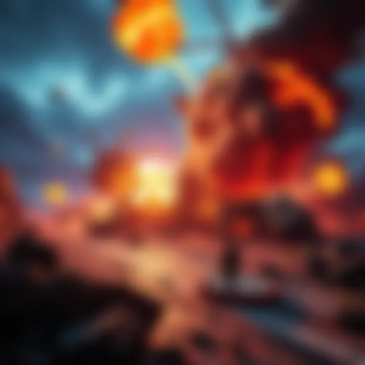 A scene showing digital landscapes collapsing and exploding in a vibrant video game environment, illustrating the thrilling aspect of environmental destruction.