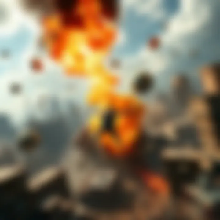 A character ignites an explosion while parachuting in an open world, surrounded by collapsing buildings and chaotic action.