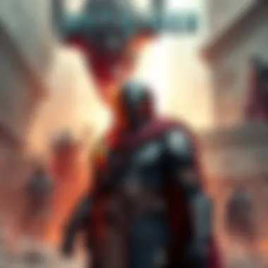 Detainer, a warrior with three stripes, stands proudly in battle gear, showcasing his strength after defeating an alien titan.