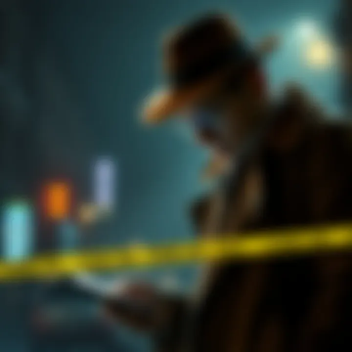 Detective investigating a scene A detective examining a crime scene with a notepad and magnifying glass