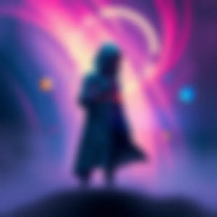 A detective character standing in a dream-like setting holding a futuristic device, surrounded by vibrant colors and abstract shapes.