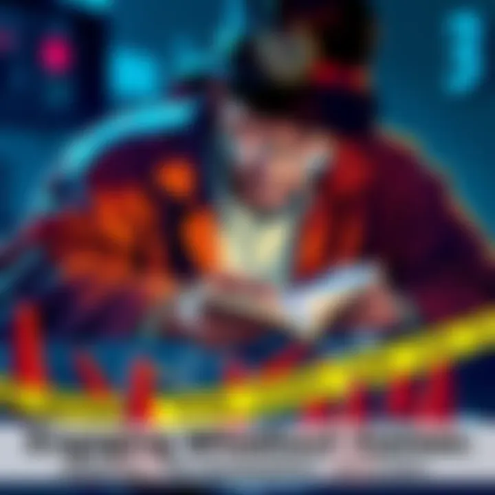 Detective at a crime scene A detective examining clues at a crime scene with a notebook and magnifying glass, surrounded by evidence markers.