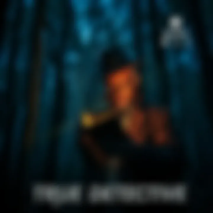 A detective in a dark forest, taking notes with a flashlight illuminating the surroundings