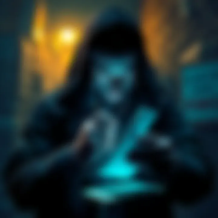 A detective character examining clues with a magnifying glass and a notepad in a dimly lit room