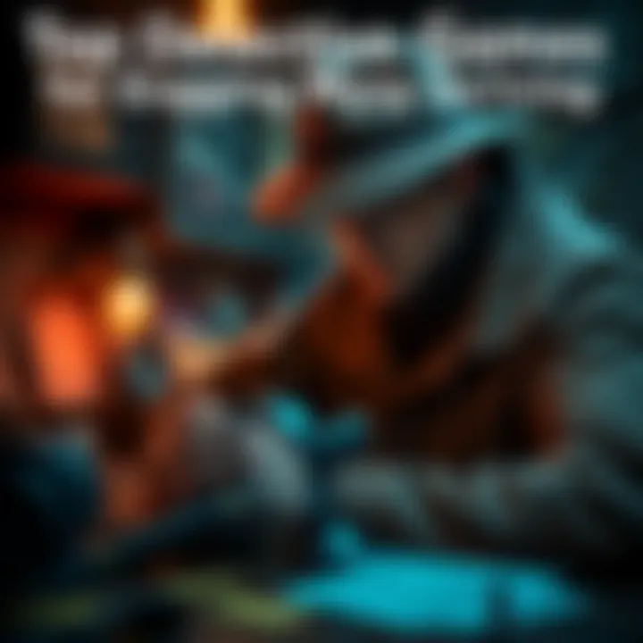 A detective looking at clues in a 3D game setting, surrounded by evidence and a magnifying glass