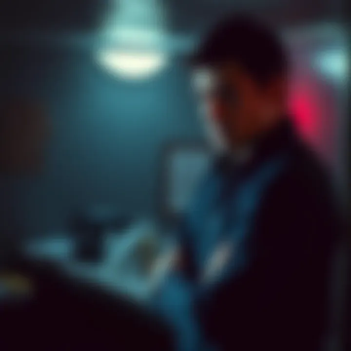 Detective Joseph Quinn standing in a dimly lit room, looking serious while examining evidence related to a case