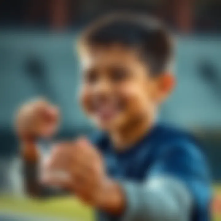 A young boy showing determination while practicing a sport, smiling confidently as he faces a challenge.