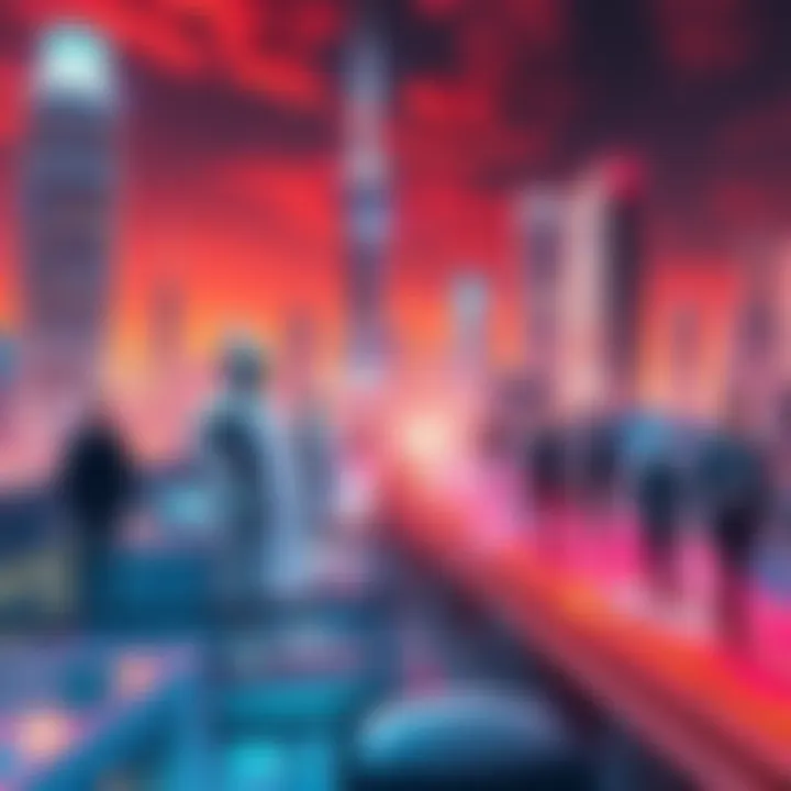 A futuristic city skyline with androids interacting with humans, showcasing advanced technology and AI in daily life.
