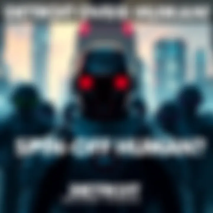 Detroit: Become Human Spin-Off Ideas A group of fans discussing ideas for spin-off games in the Detroit: Become Human universe, featuring futuristic city elements in the background.