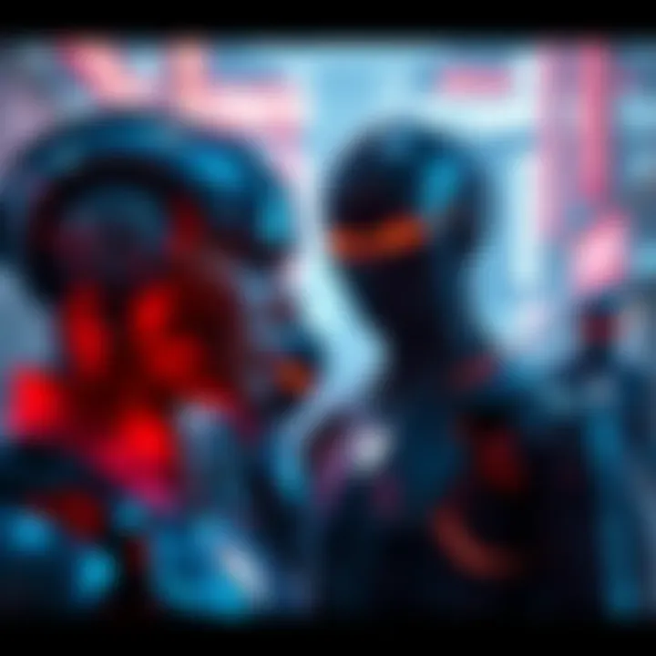 A scene depicting androids in a futuristic Detroit, highlighting the tension between android rights and civil rights, with a focus on emotional expressions and social themes.