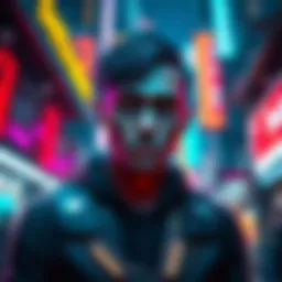 A character in a futuristic city with neon lights, showcasing emotions and choices in a video game setting.