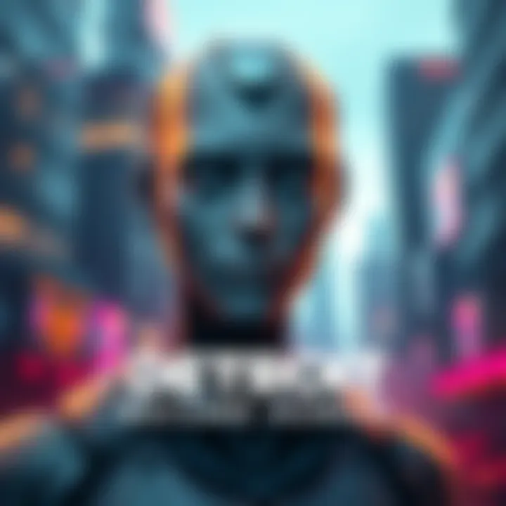 A futuristic android character with a calm expression, set against a digital city backdrop, representing themes of technology and society in Detroit: Become Human.