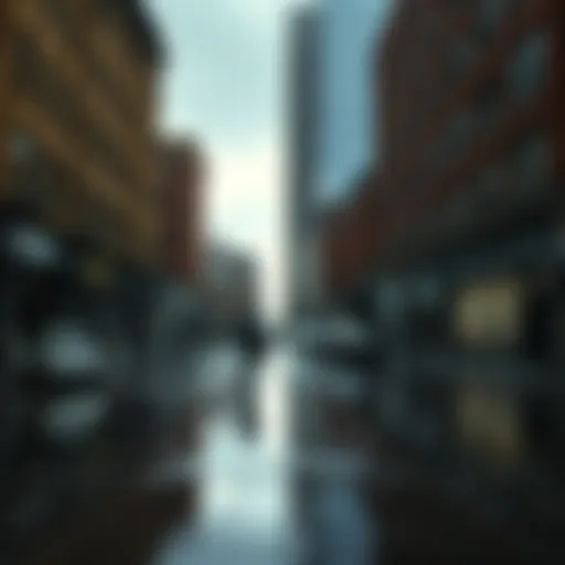 A wet Detroit street showcasing abandoned buildings and pedestrians navigating puddles, reflecting the struggles of the city after heavy rain.