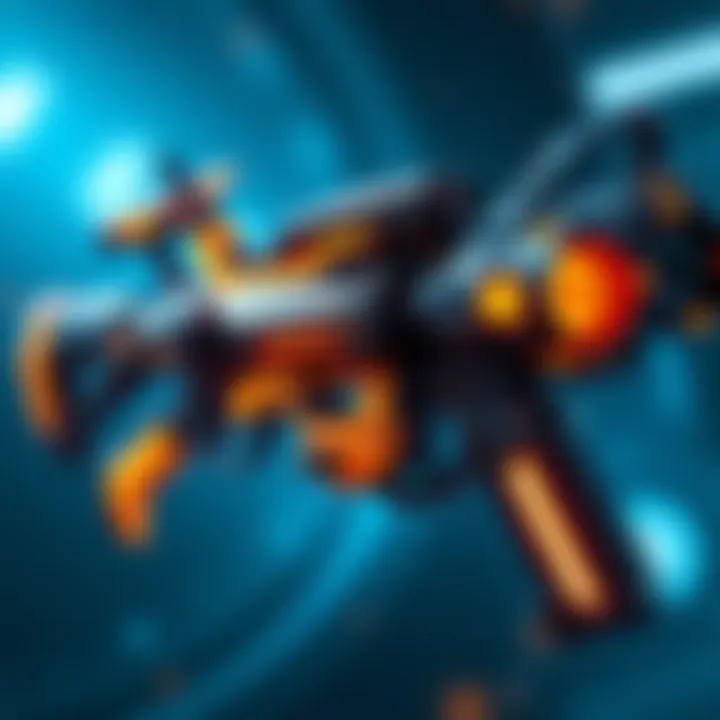 Detron Weapon Display A close-up of the Detron weapon in Warframe with a futuristic design, showcasing its features and details.