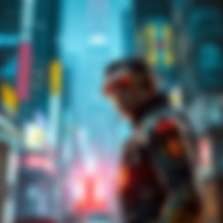 A character from the Deus Ex series standing in a futuristic city with neon lights and cybernetic enhancements