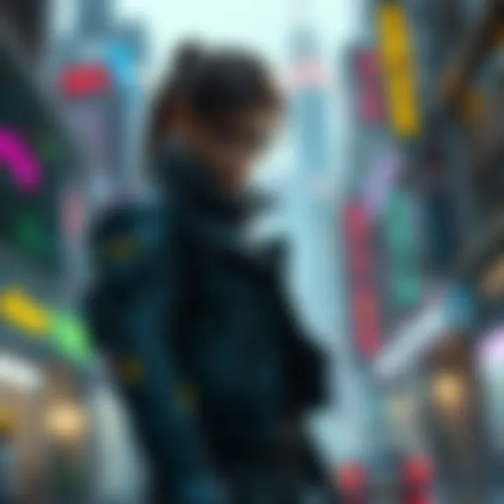 A character inspired by Deus Ex stands in a futuristic city, showcasing a blend of sci-fi elements and advanced technology.