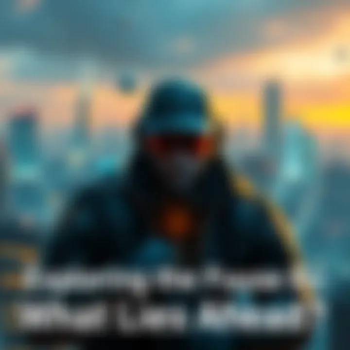 A futuristic city skyline with a Deus Ex character in focus, showcasing advanced technology and a cyberpunk vibe