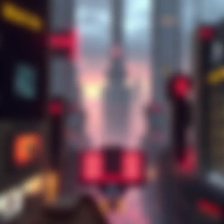 Concept art depicting a futuristic cityscape with themes of control and technology, representing the challenges facing the Deus Ex franchise.
