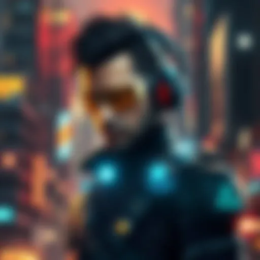 A central character from Deus Ex Man, showcasing cybernetic enhancements and a futuristic city backdrop.