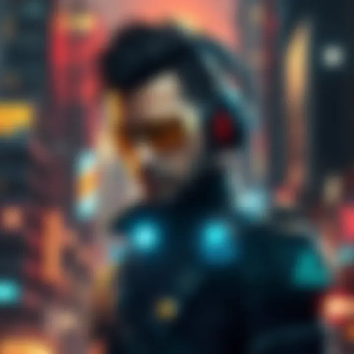 A central character from Deus Ex Man, showcasing cybernetic enhancements and a futuristic city backdrop.