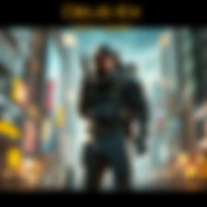 A character equipped with futuristic gear stands in a high-tech cityscape, ready for action in the New Game+ mode of Deus Ex.