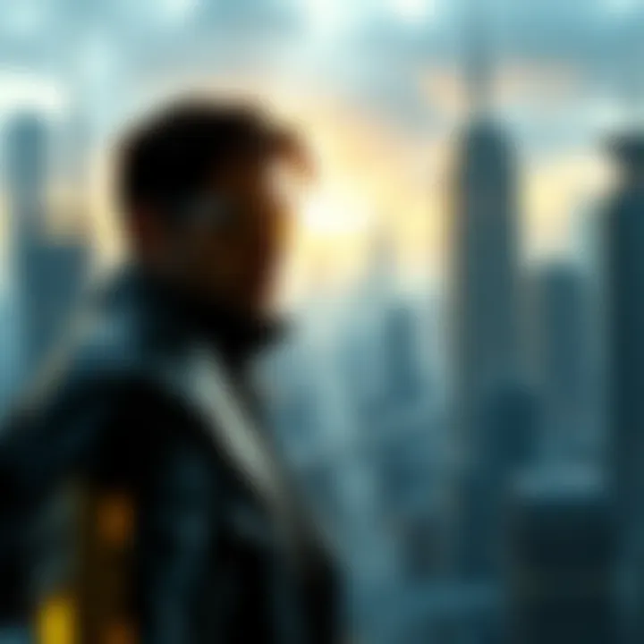A reflective artwork showcasing Adam Jensen amidst a futuristic cityscape, symbolizing his struggle between technology and humanity.