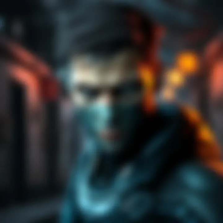 Character from Deux Ex: Human Revolution A futuristic cyborg character in a dark urban environment, showcasing high-tech features and a serious expression.